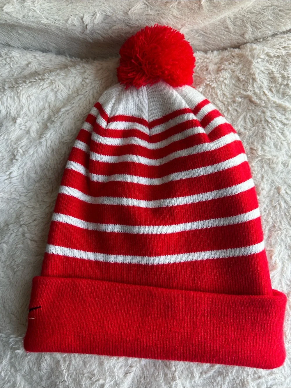 Nike Red and White Striped  Pom Beanie with Team Emblems